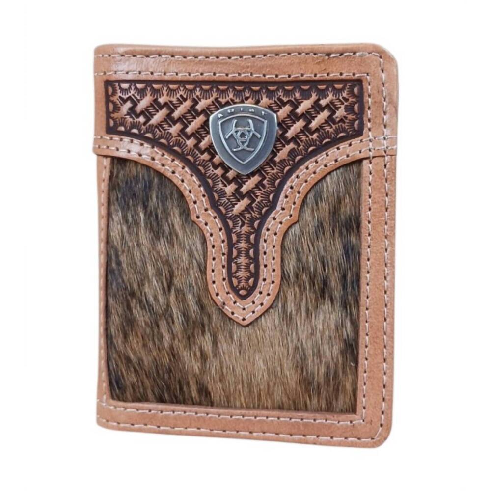 NEW ARIAT men's calf hair basketweave bifold wallet in brown